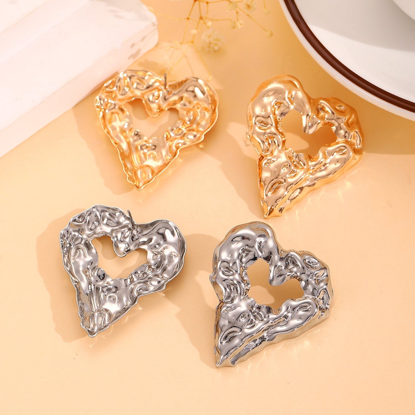 New Pleated Lava Hollow Heart-shaped Earrings Personality Exaggerated Love Earrings For Women Valentine's Day Jewelry - NOMAN STORE LLC