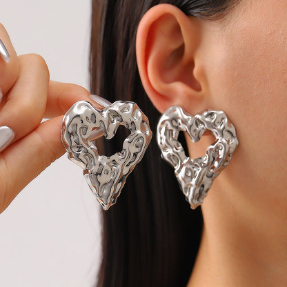 New Pleated Lava Hollow Heart-shaped Earrings Personality Exaggerated Love Earrings For Women Valentine's Day Jewelry - NOMAN STORE LLC