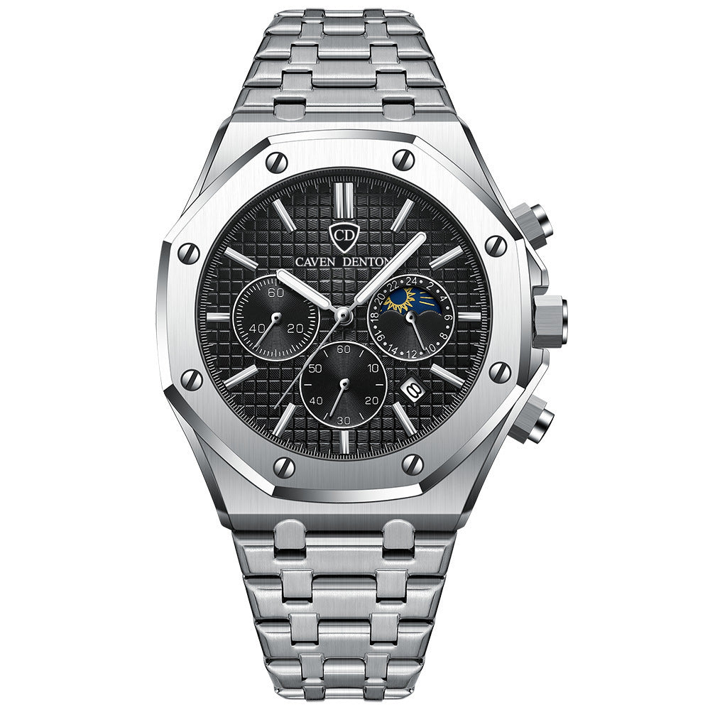 Waterproof High-grade Three Eyes And Six Needles Multi-functional Moon Phase Men's Steel Strap Watch - NOMAN STORE LLC