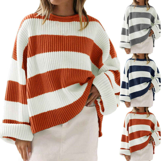 Loose Striped Sweater Fashion Casual Long Batwing Sleeve Round Neck Pullover Knit Tops Women Clothing - NOMAN STORE LLC