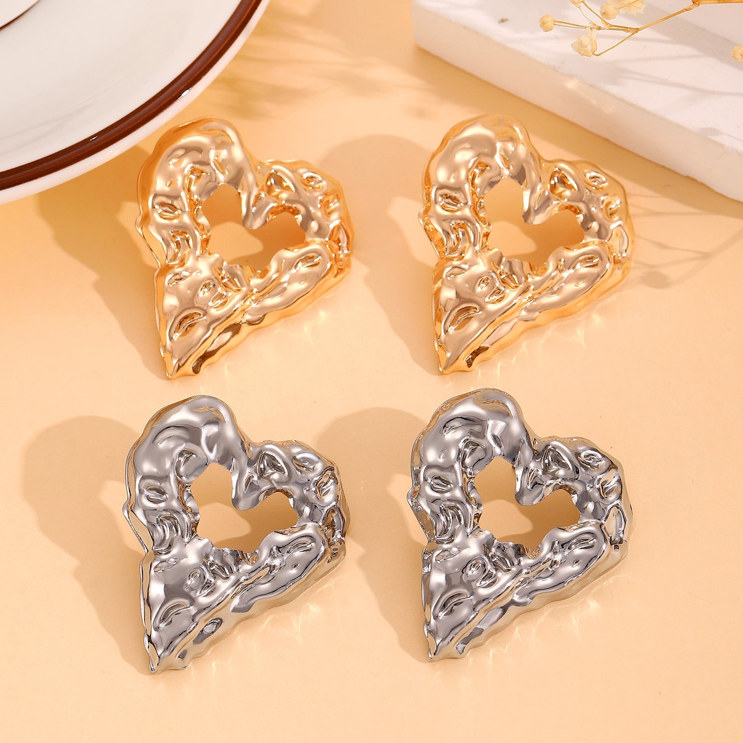 New Pleated Lava Hollow Heart-shaped Earrings Personality Exaggerated Love Earrings For Women Valentine's Day Jewelry - NOMAN STORE LLC