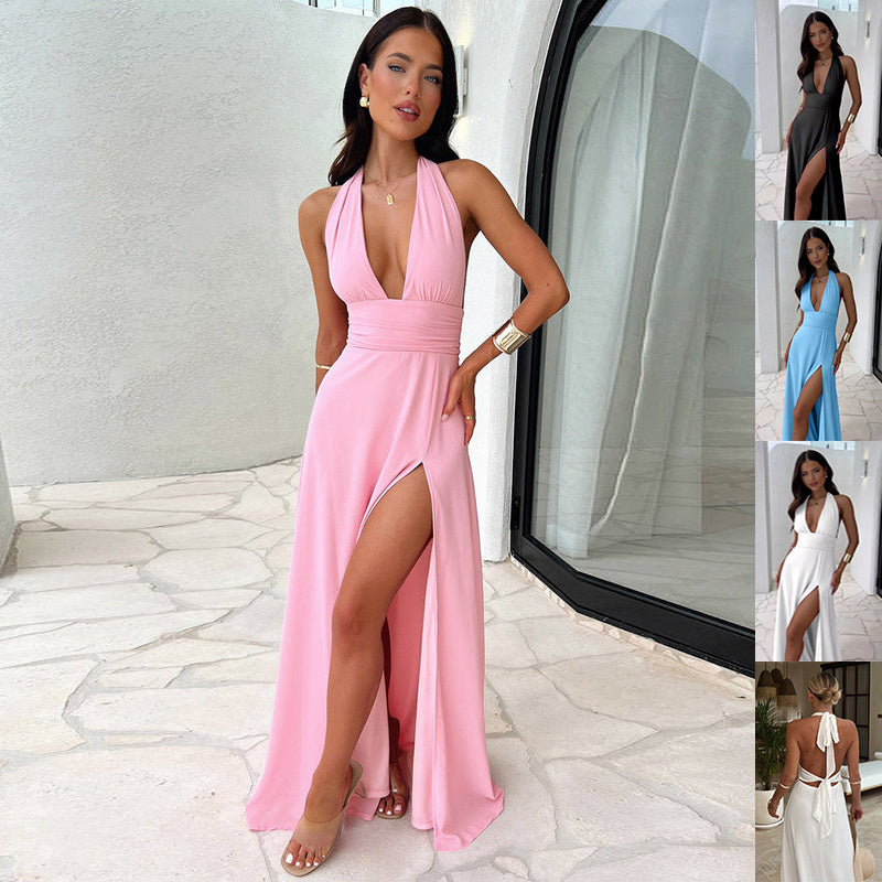 Sexy Halterneck V-neck Slit Dress Summer Backless Strappy Skirt Fashion Temperament Clothing Women - NOMAN STORE LLC