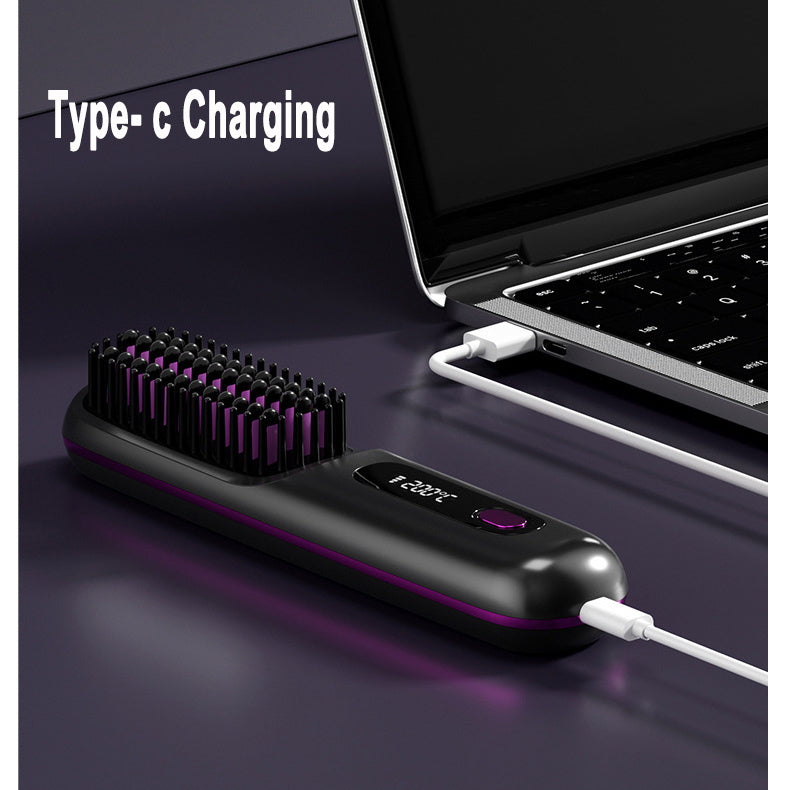 2 In 1 Straight Hair Comb Wireless Hair Straightener Brush Hair Fast Heating Portable Hot Curler USB Charging - NOMAN STORE LLC