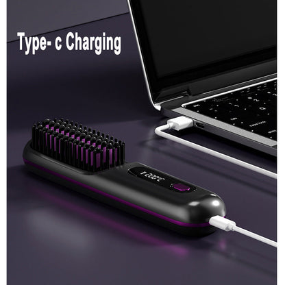 2 In 1 Straight Hair Comb Wireless Hair Straightener Brush Hair Fast Heating Portable Hot Curler USB Charging - NOMAN STORE LLC