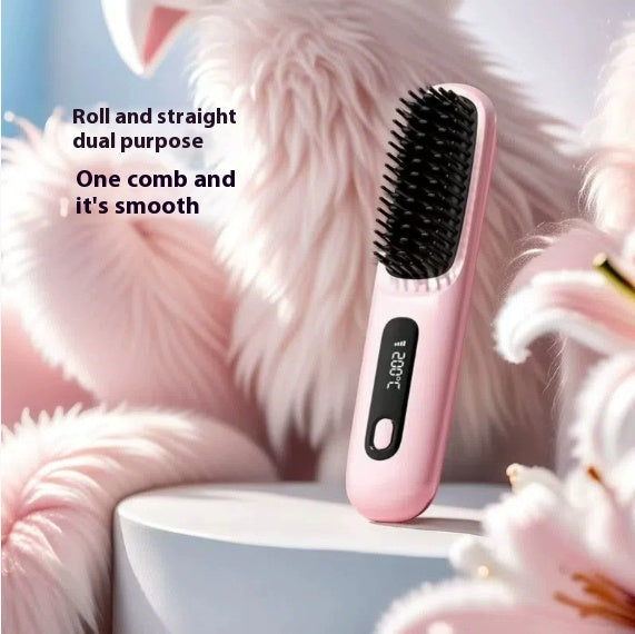 2 In 1 Straight Hair Comb Wireless Hair Straightener Brush Hair Fast Heating Portable Hot Curler USB Charging - NOMAN STORE LLC
