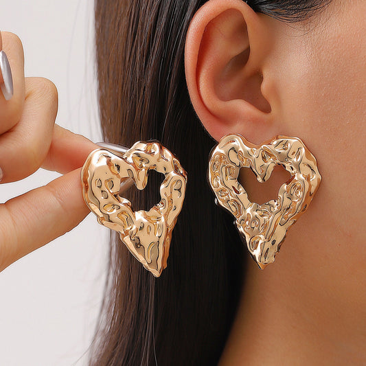 New Pleated Lava Hollow Heart-shaped Earrings Personality Exaggerated Love Earrings For Women Valentine's Day Jewelry - NOMAN STORE LLC