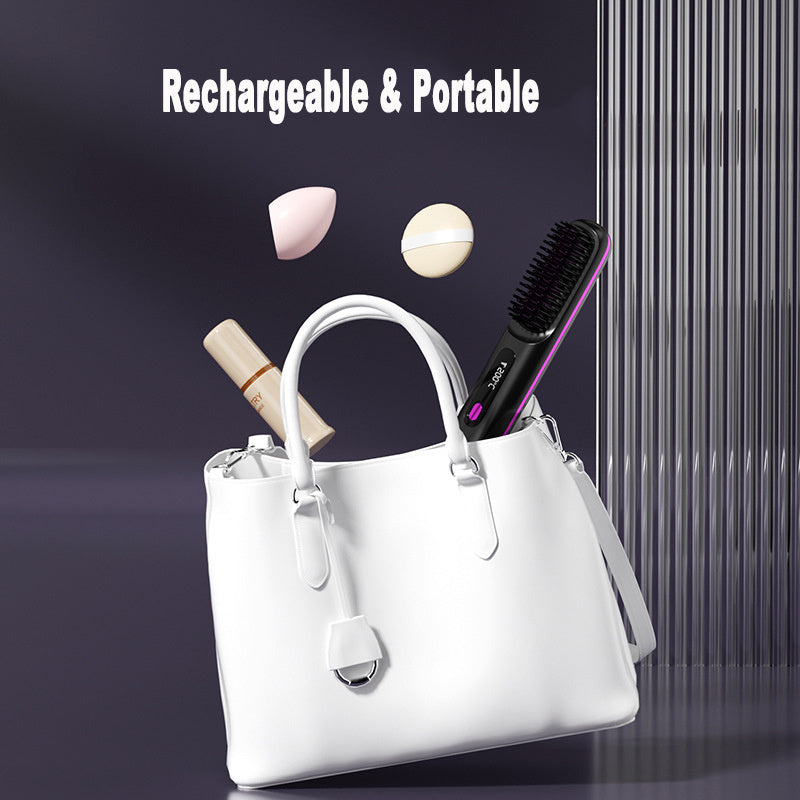 2 In 1 Straight Hair Comb Wireless Hair Straightener Brush Hair Fast Heating Portable Hot Curler USB Charging - NOMAN STORE LLC