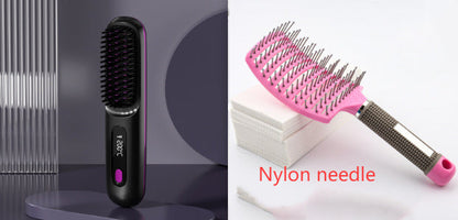 2 In 1 Straight Hair Comb Wireless Hair Straightener Brush Hair Fast Heating Portable Hot Curler USB Charging - NOMAN STORE LLC
