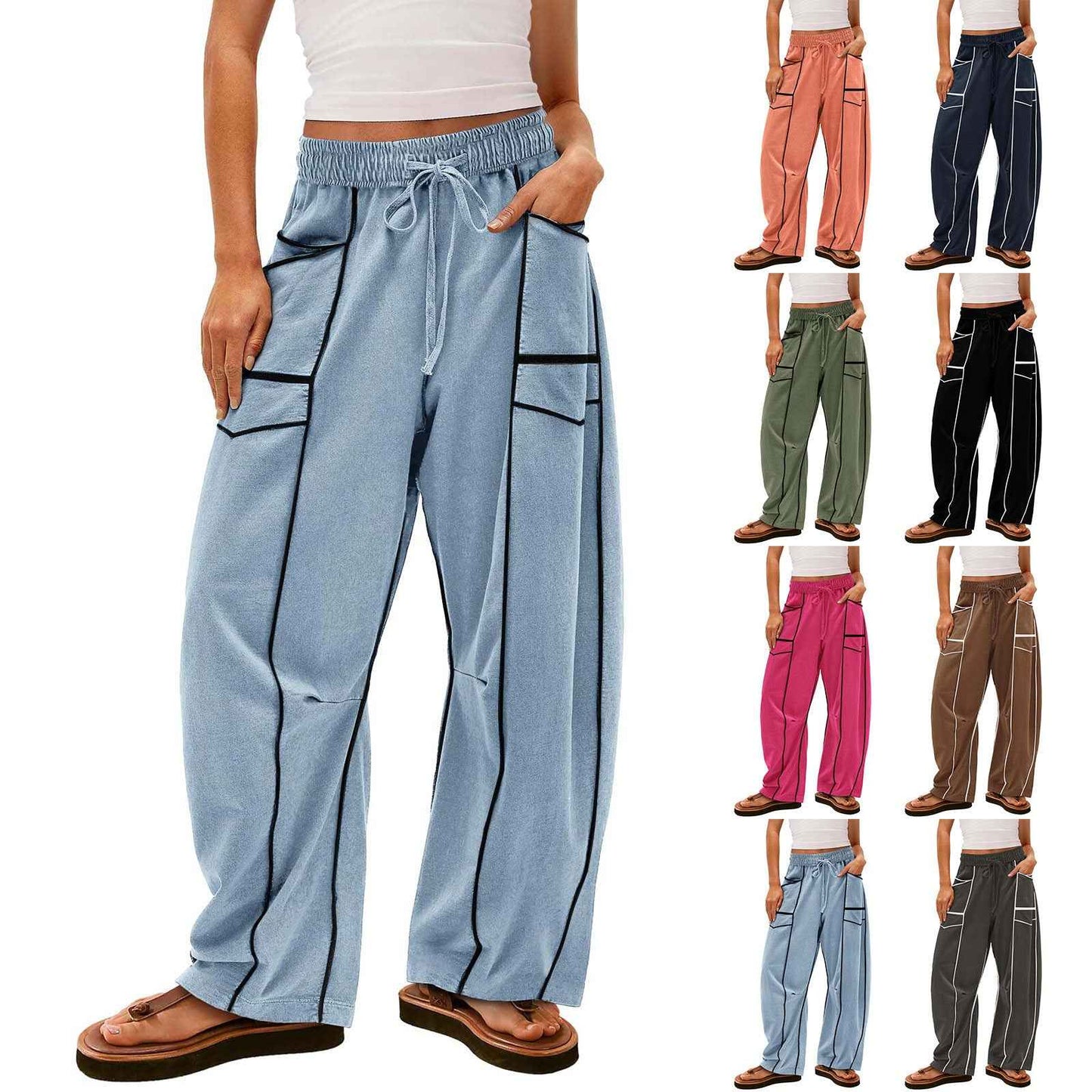 Y2K Black Striped Wide-leg Pants With Pockets Fashion Loose Drawstring Trousers Sports Sweatpants Women's Clothing - NOMAN STORE LLC