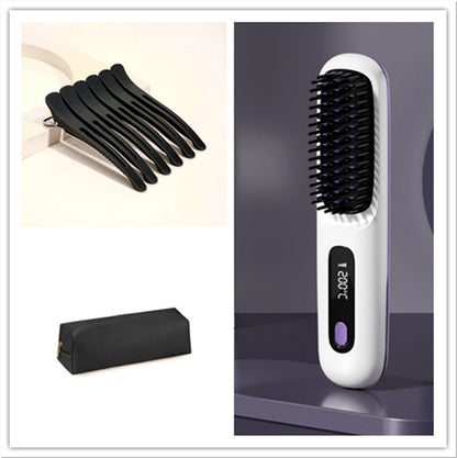 2 In 1 Straight Hair Comb Wireless Hair Straightener Brush Hair Fast Heating Portable Hot Curler USB Charging - NOMAN STORE LLC