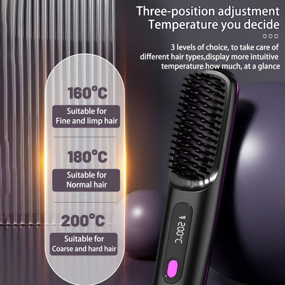 2 In 1 Straight Hair Comb Wireless Hair Straightener Brush Hair Fast Heating Portable Hot Curler USB Charging - NOMAN STORE LLC