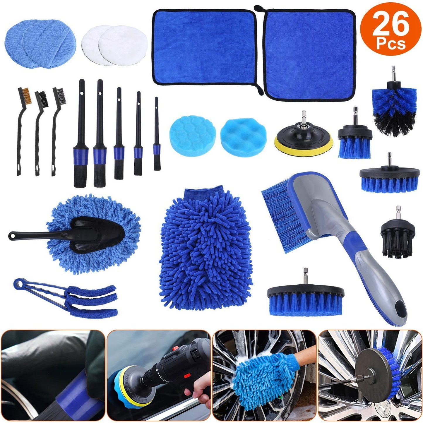 26Pcs Car Detailing Brush Kit Exterior Interior Car Cleaning Set Drill Brush Set Car Buffing Sponge Pads Kit For Cleaning Automobile Interior Exterior Wheels Dashboard - NOMAN STORE LLC