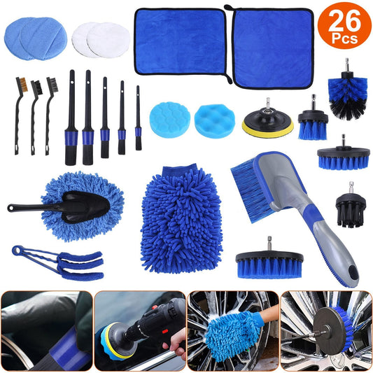 26Pcs Car Detailing Brush Kit Exterior Interior Car Cleaning Set Drill Brush Set Car Buffing Sponge Pads Kit For Cleaning Automobile Interior Exterior Wheels Dashboard - NOMAN STORE LLC
