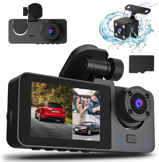 3 Channel Dash Cam, 1080P Dash Cam Front And Rear Inside, Three Way Dash Camera For Cars, Car Camera With 32GB Card, 24H Parking Mode, Loop Recording, Super Night Vision - NOMAN STORE LLC