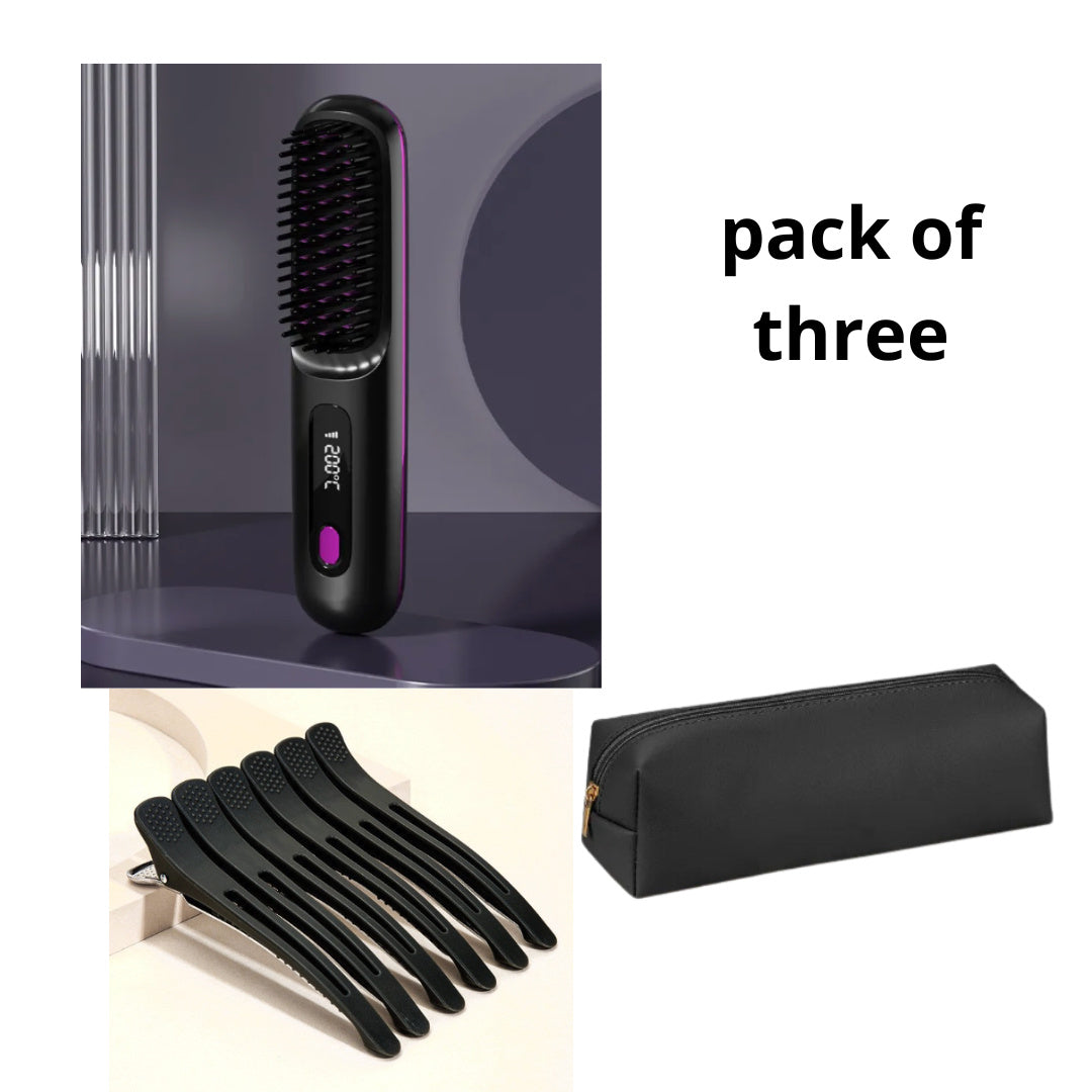 2 In 1 Straight Hair Comb Wireless Hair Straightener Brush Hair Fast Heating Portable Hot Curler USB Charging - NOMAN STORE LLC